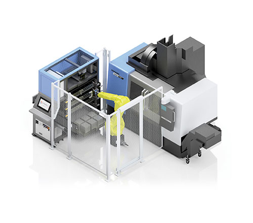 SYNERGi Premier automated manufacturing cell featuring a Doosan machining centre (front load).