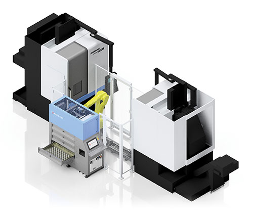 SYNERGi Premier automated manufacturing cell featuring two Doosan machines (vertical turning lathes).